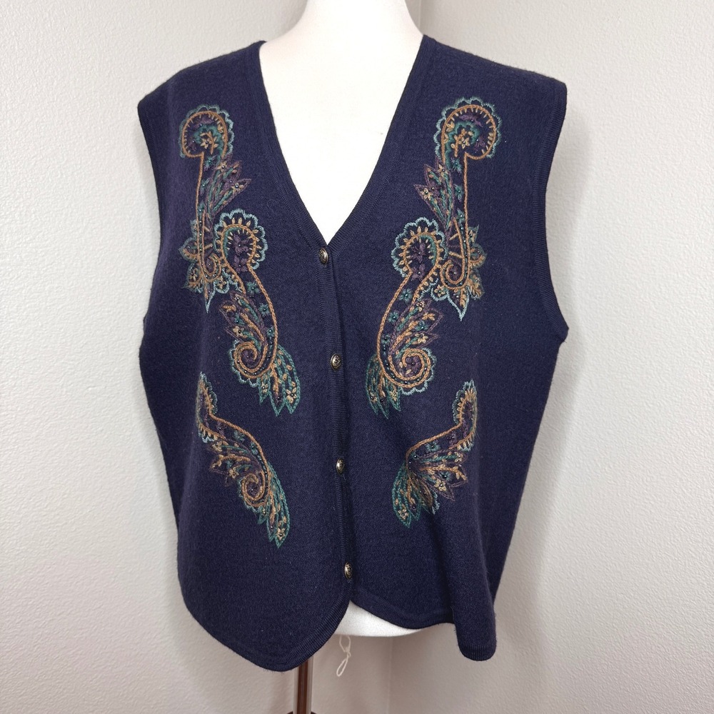 KORET Boiled 100% Wool Vest LG Blue Paisley Embroidery‎ Beaded Navy Grandma Core